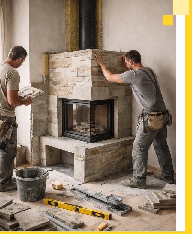 Угловые камины под ключ проект, монтаж и отделка в Балтийске