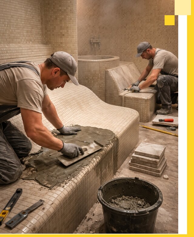 Лежаки для хамама под ключ в Балтийске, проект и монтаж